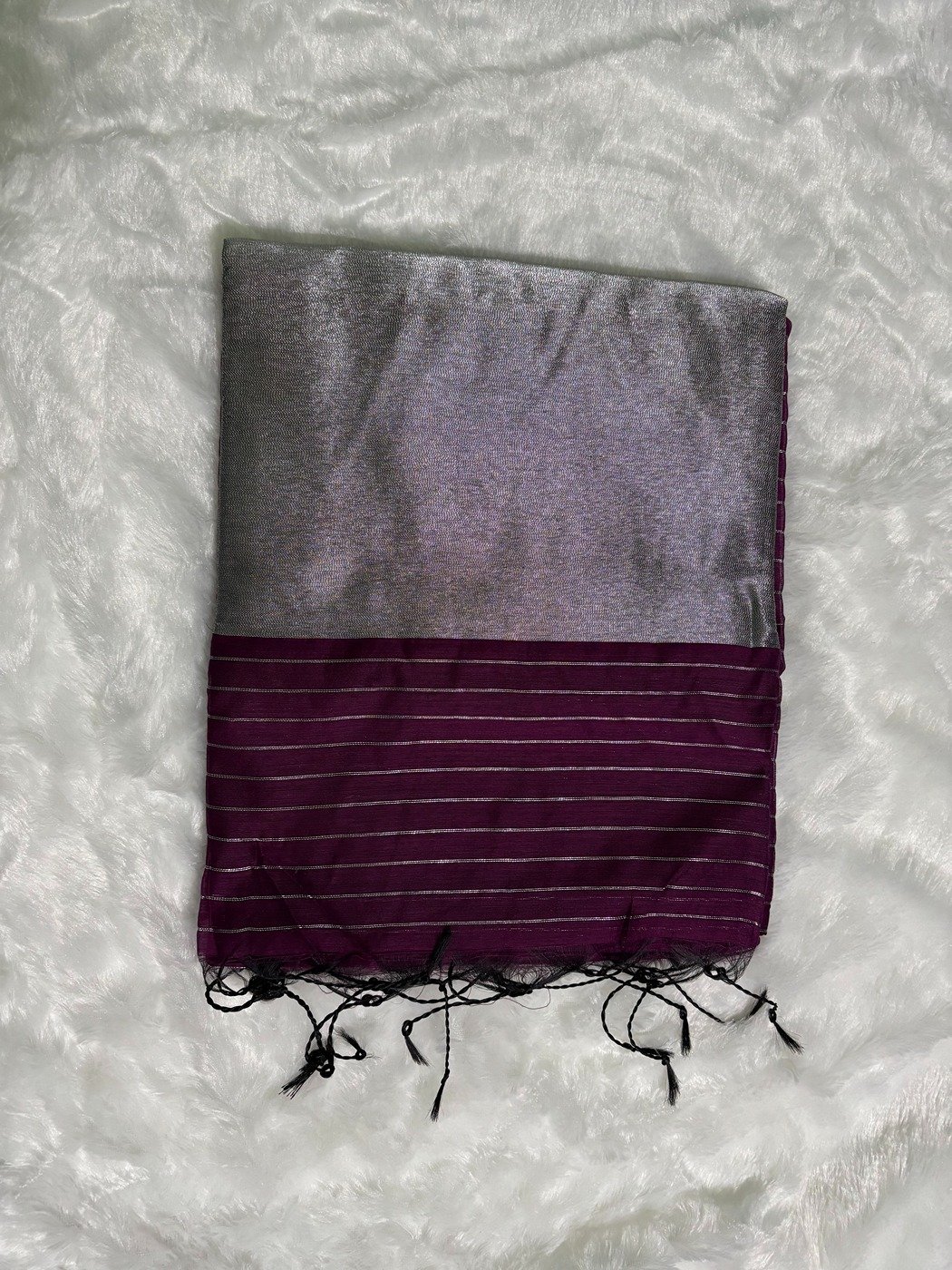 Wine Plum Silver Zari Linen Silk Saree
